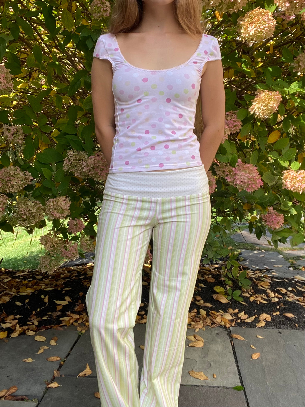 large polka dot top in pink