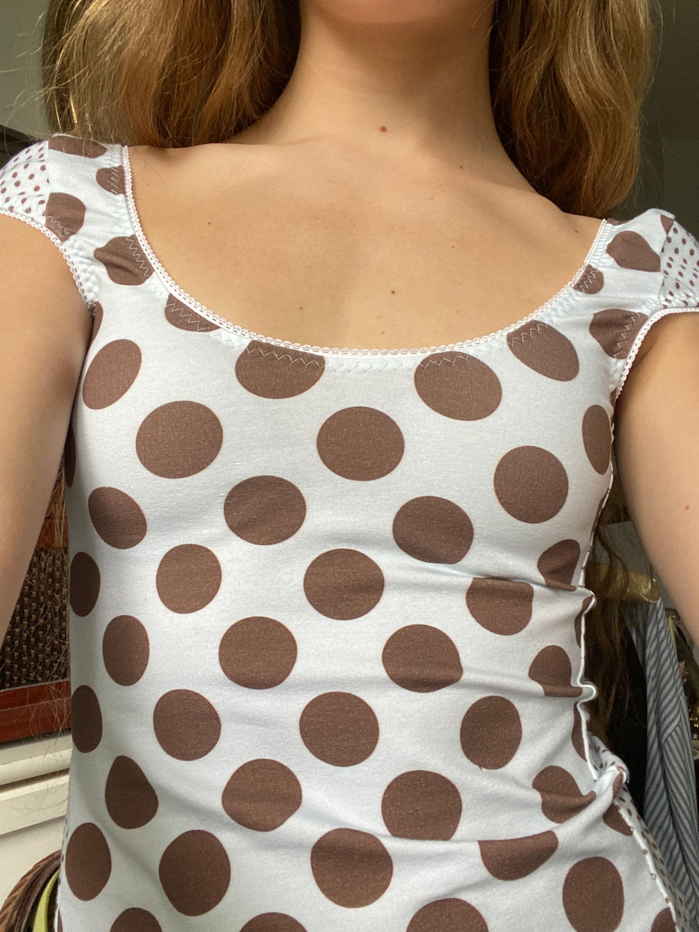 large blue & brown polka dot top