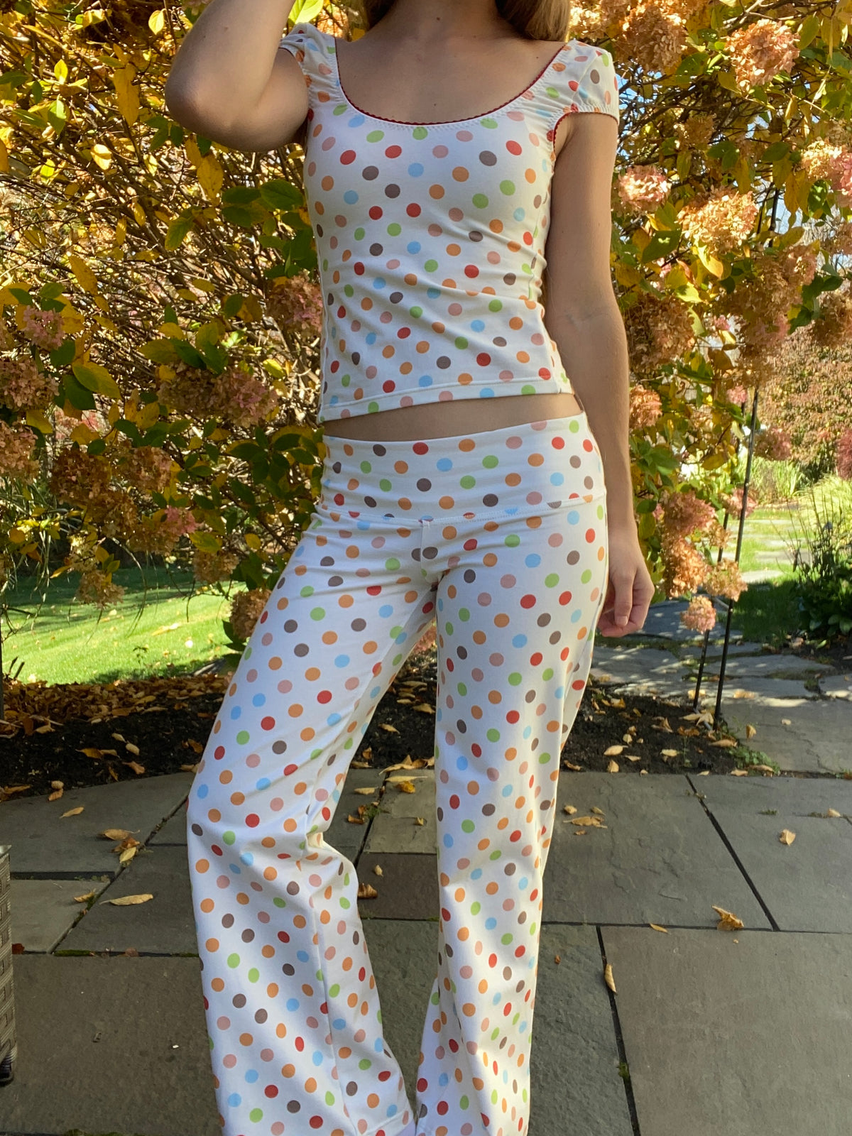 multicolored large polka dot top