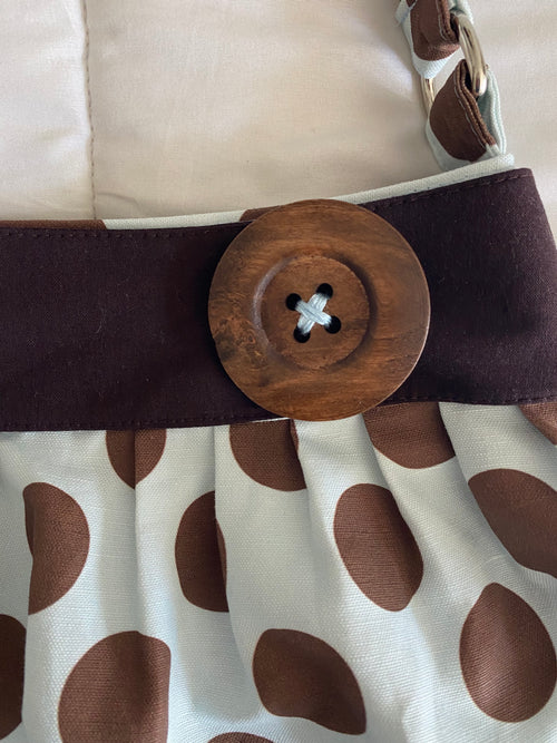 brown & blue large polka dot purse with button
