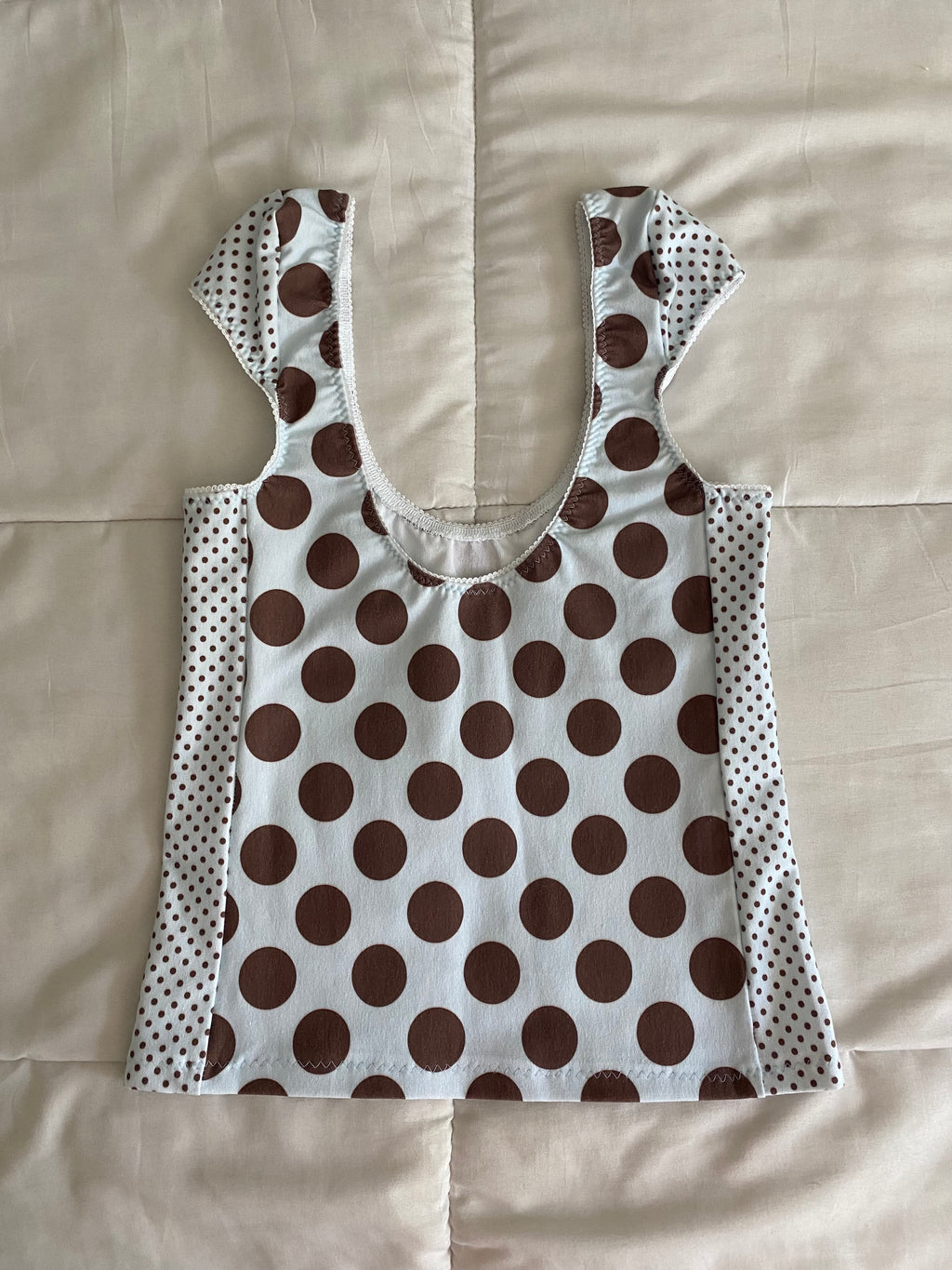 large blue & brown polka dot top