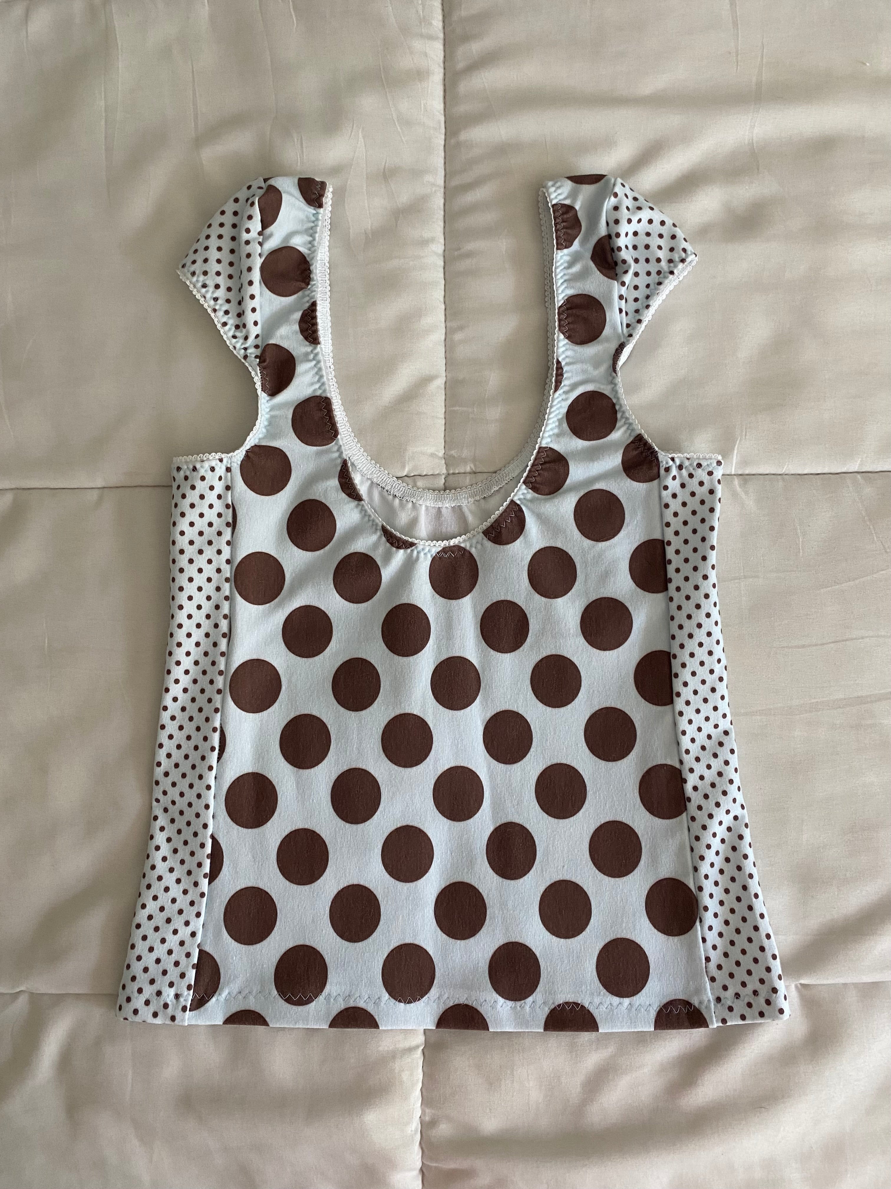 large blue & brown polka dot top
