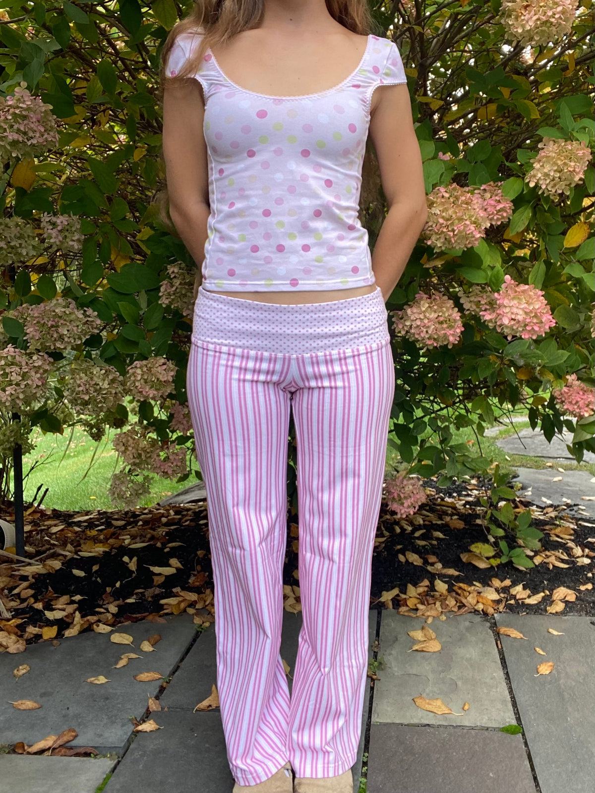 large polka dot top in pink