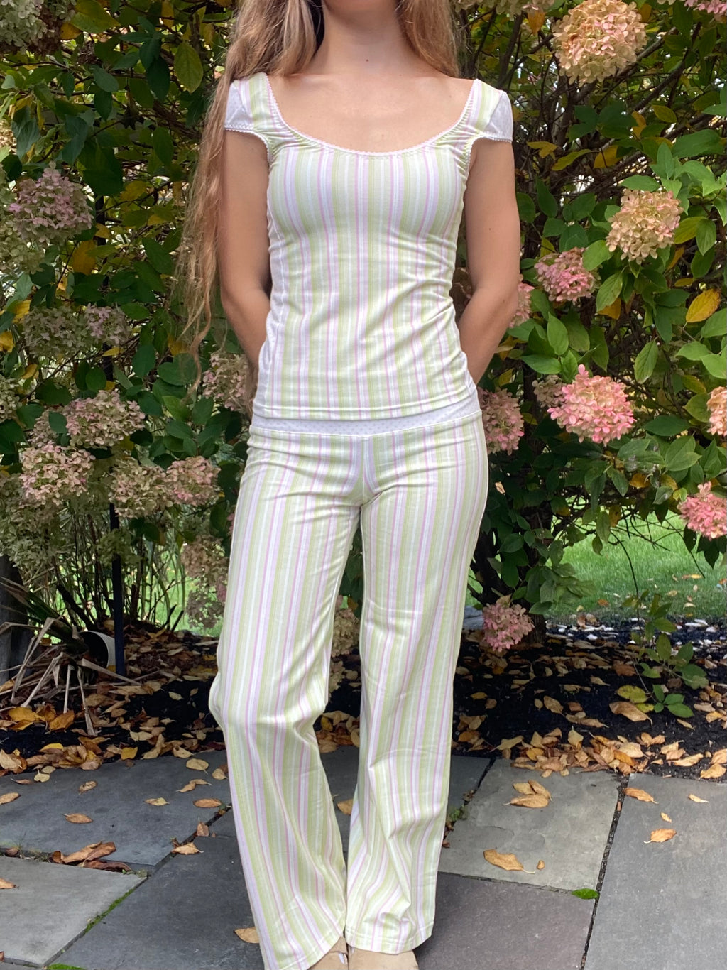 green & pink striped/polka dot top