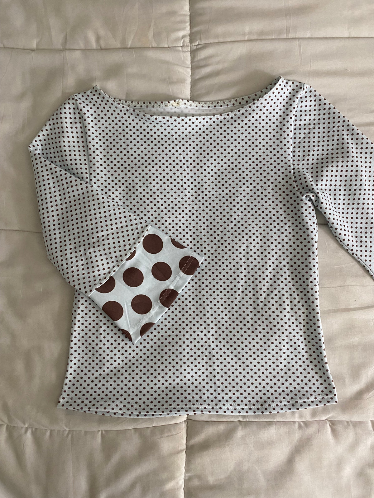 blue & brown polka dot long sleeve top