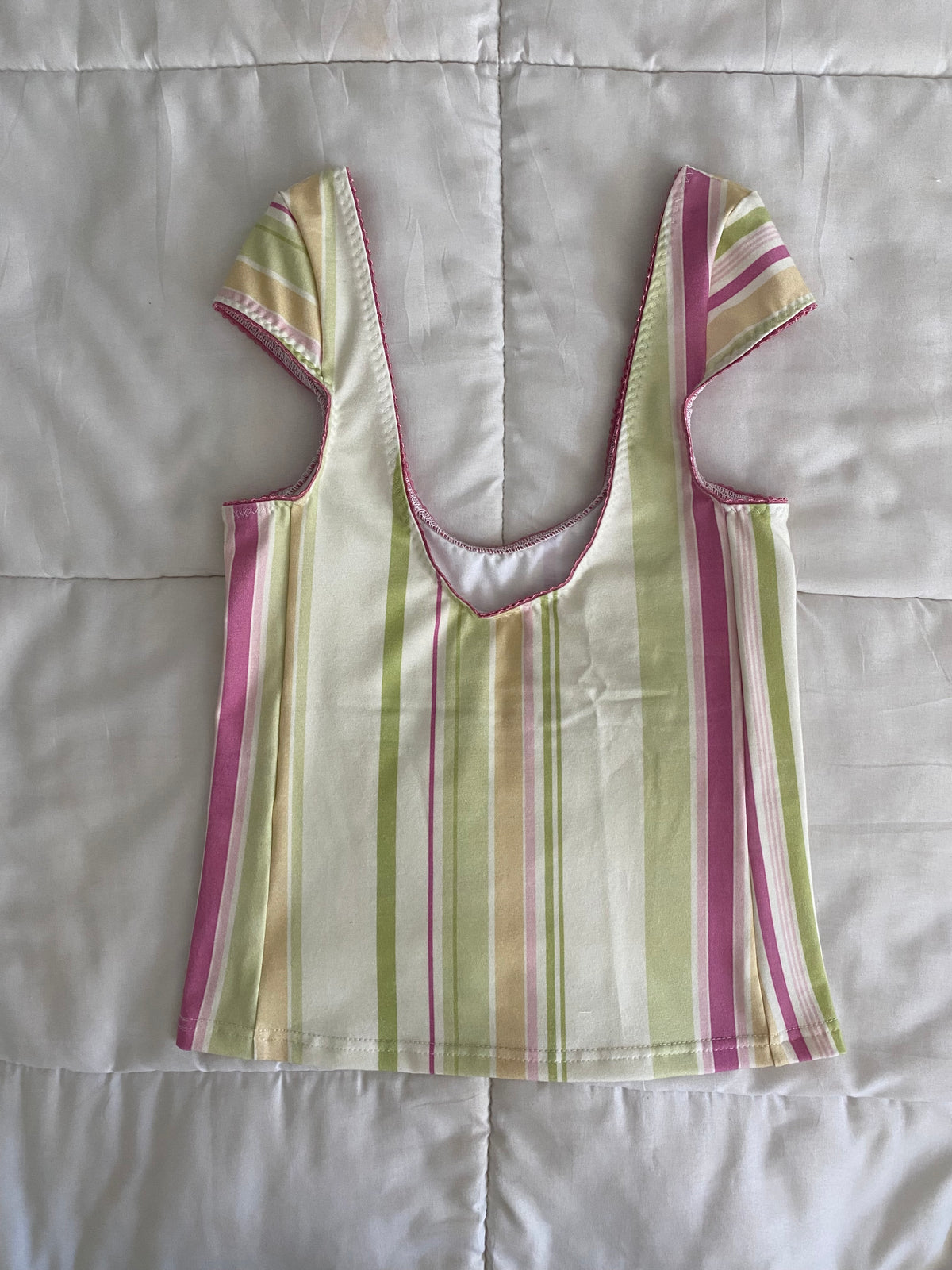 yellow/green/pink striped top