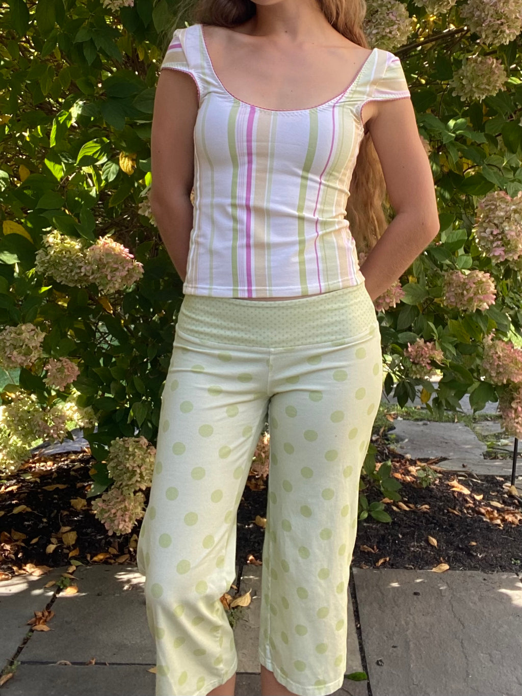 green polka dot pants
