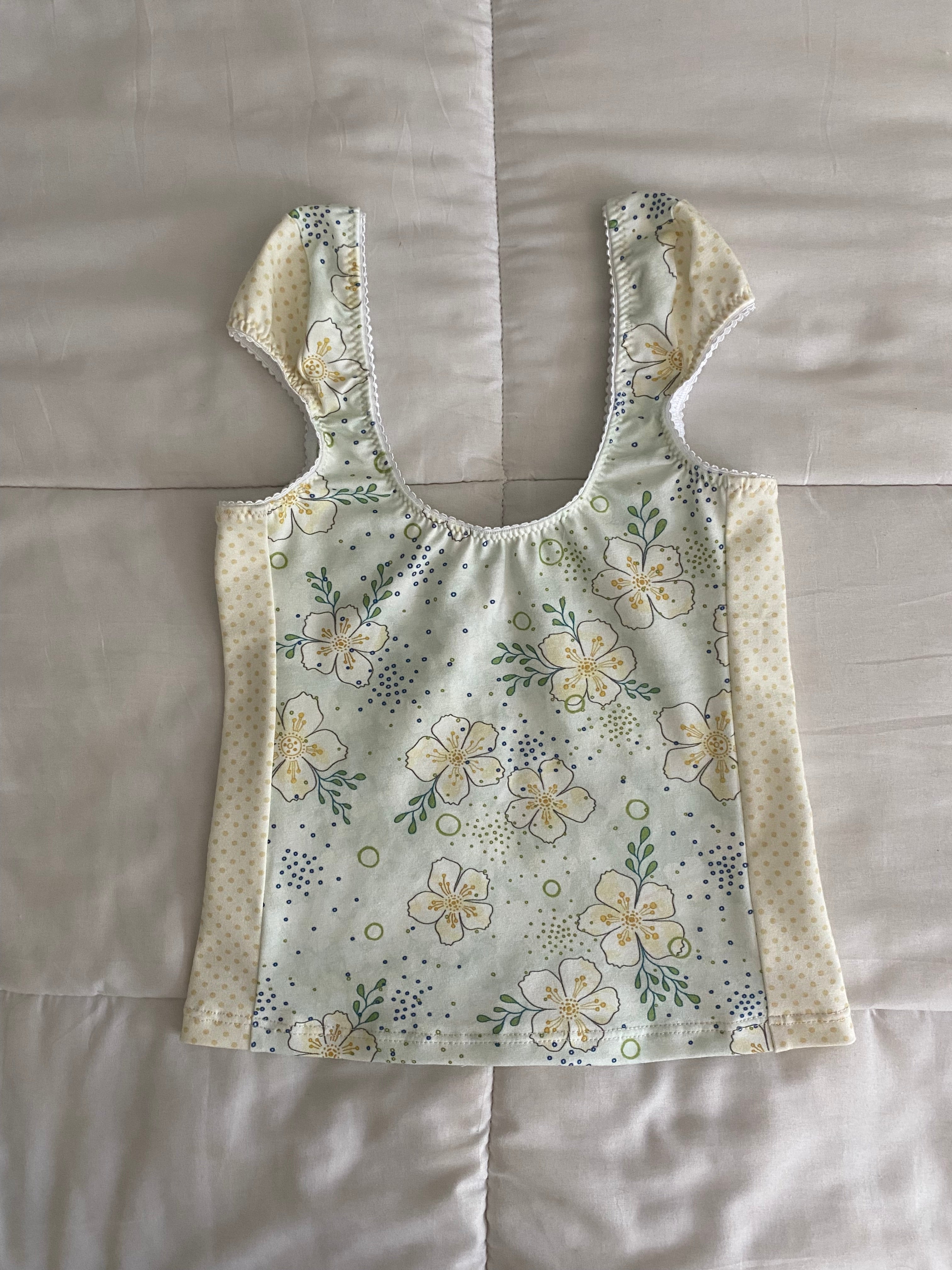 blue & yellow floral/polka dot top