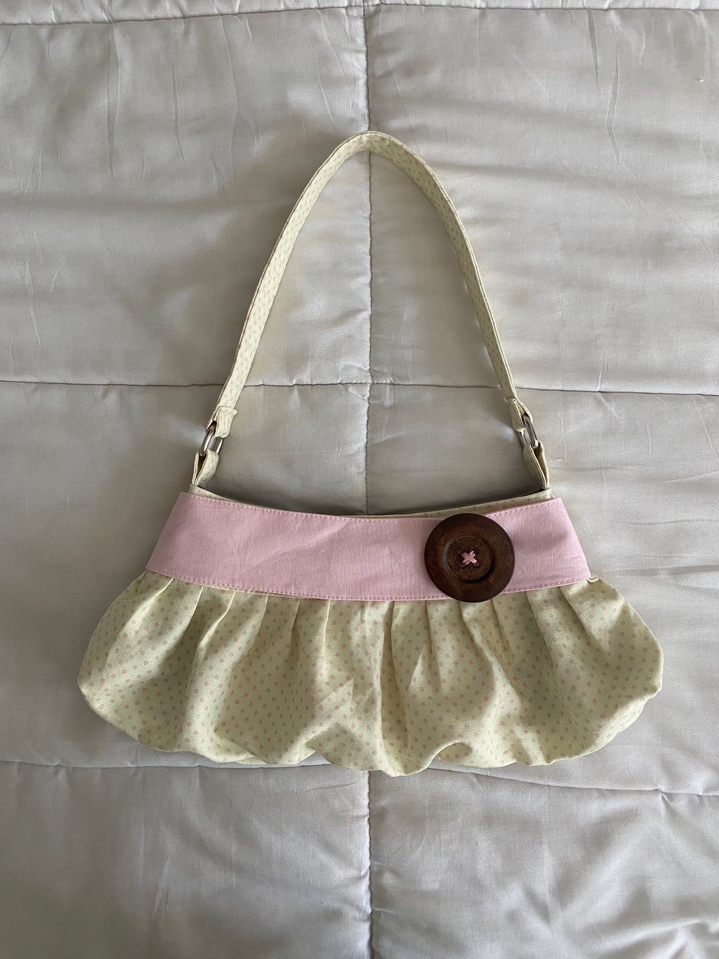 cream & pink polka dot purse with button