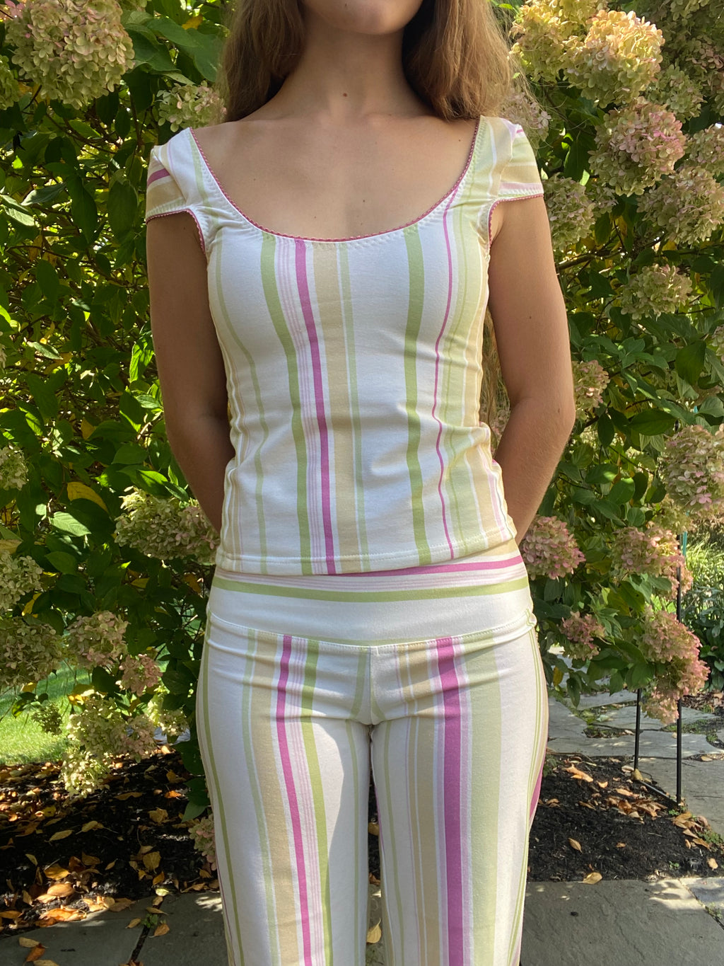 yellow/green/pink striped pants