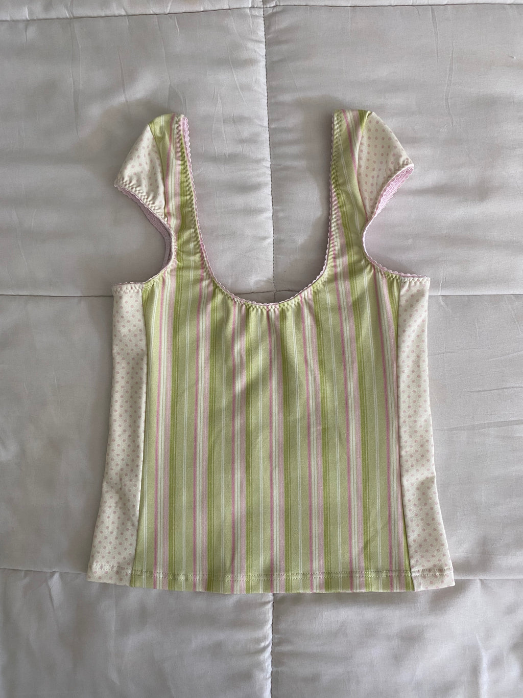 green & pink striped/polka dot top