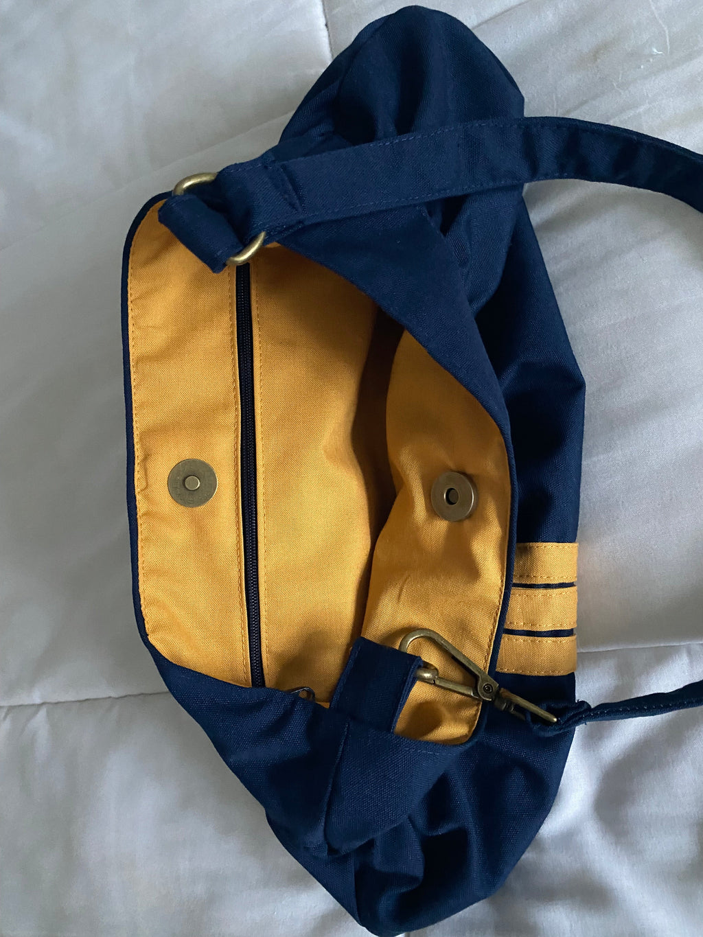 navy & yellow striped purse