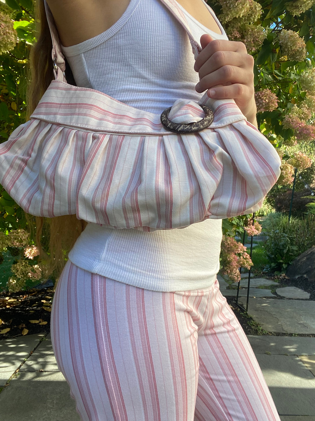 pink & white striped purse with buckle