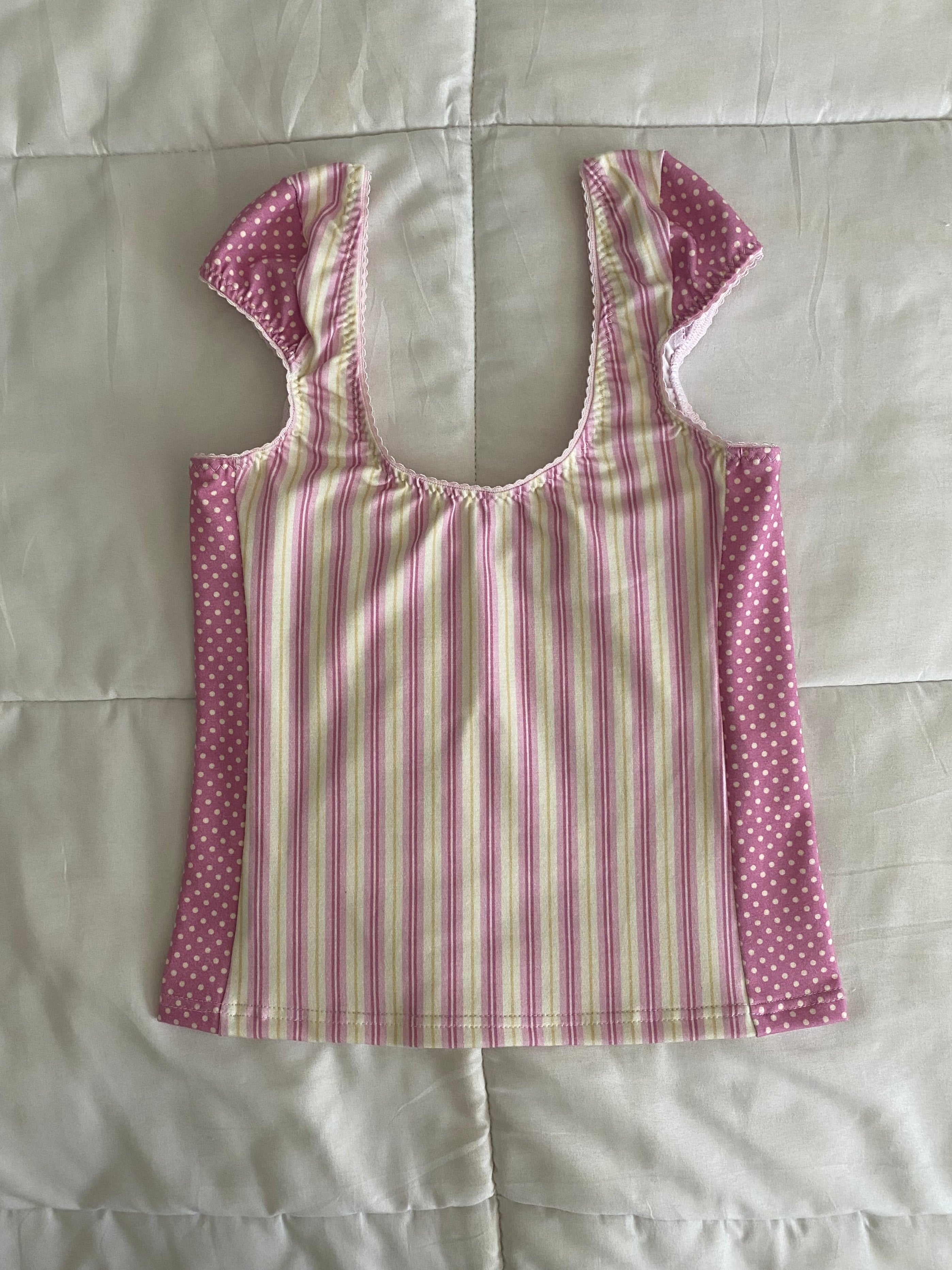 yellow & dark pink stripe/polka dot top