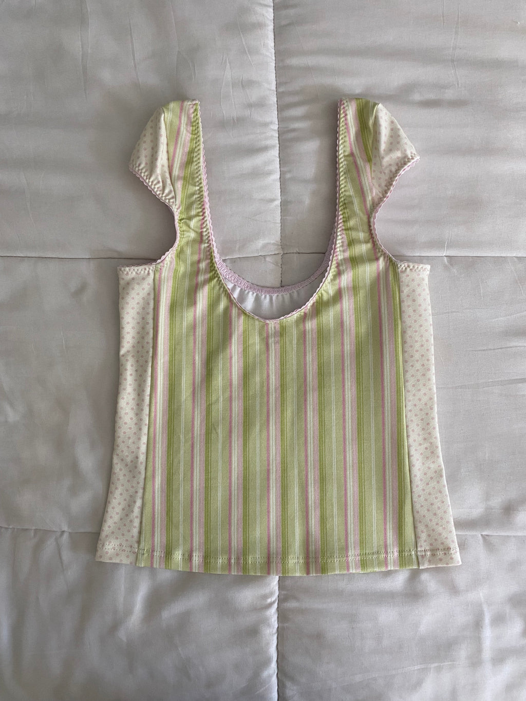 green & pink striped/polka dot top