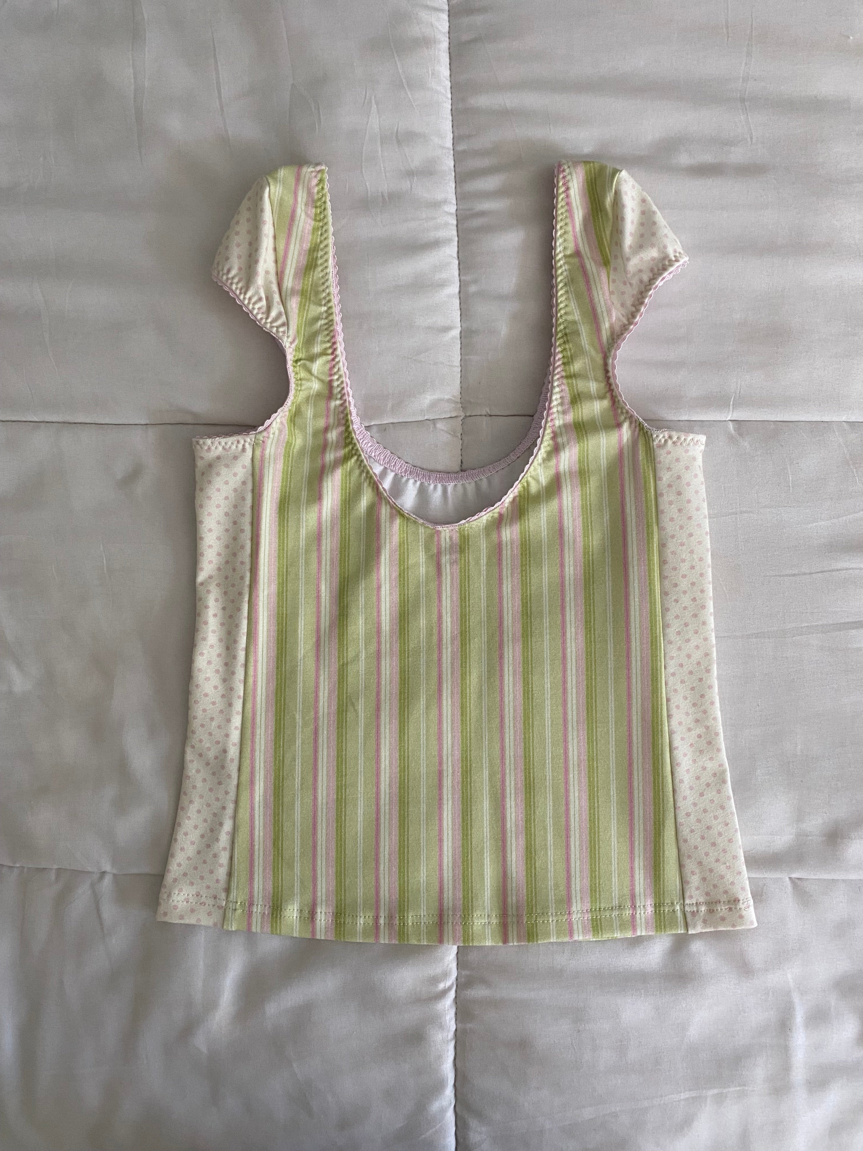 green & pink striped/polka dot top
