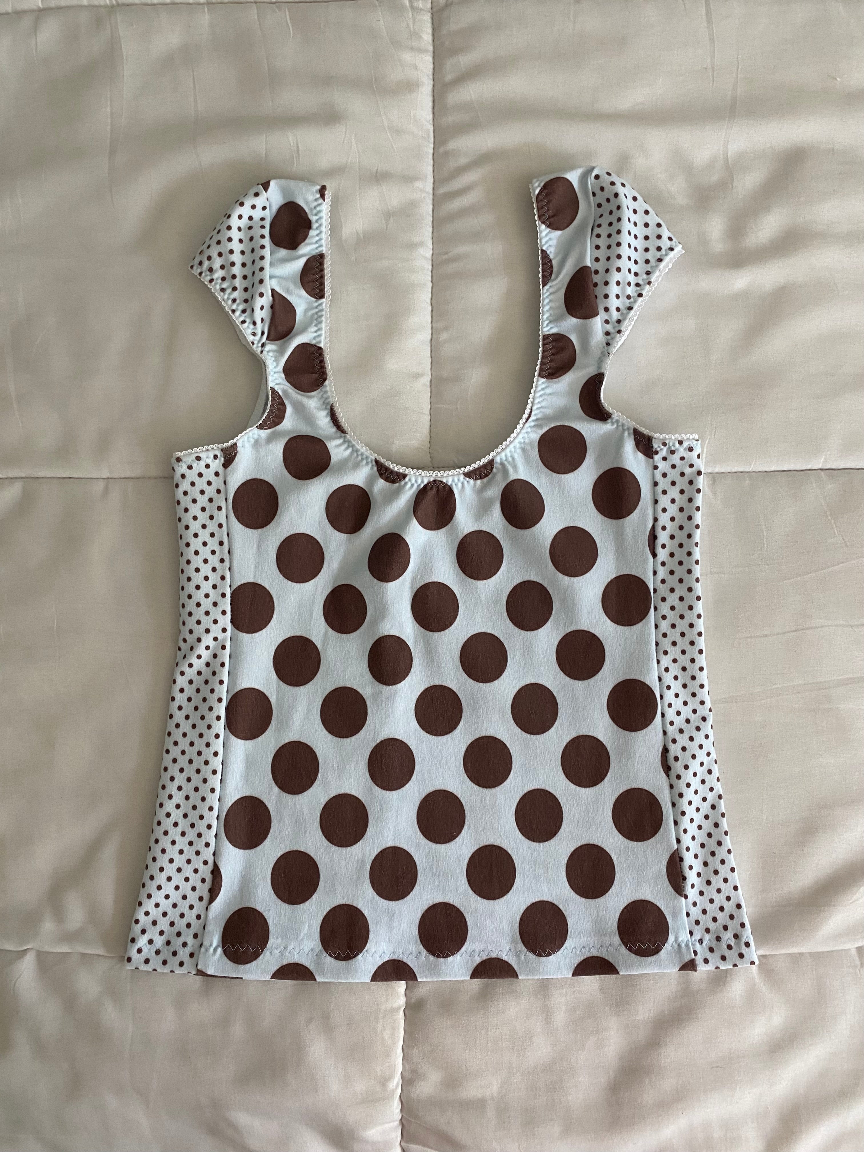 large blue & brown polka dot top