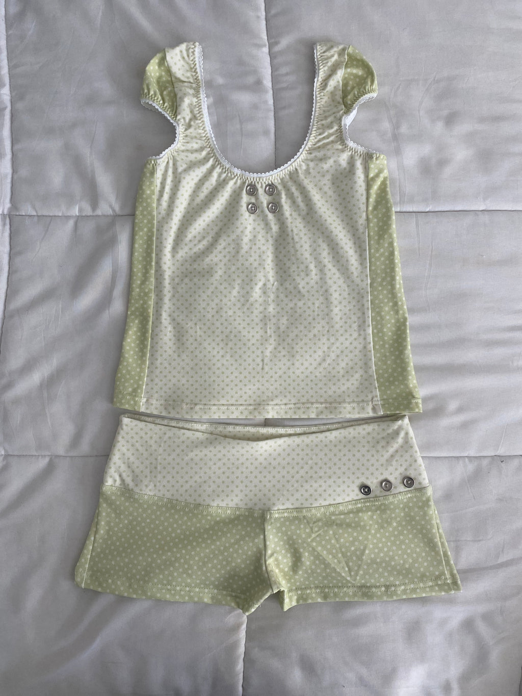 green & cream silver button shorts