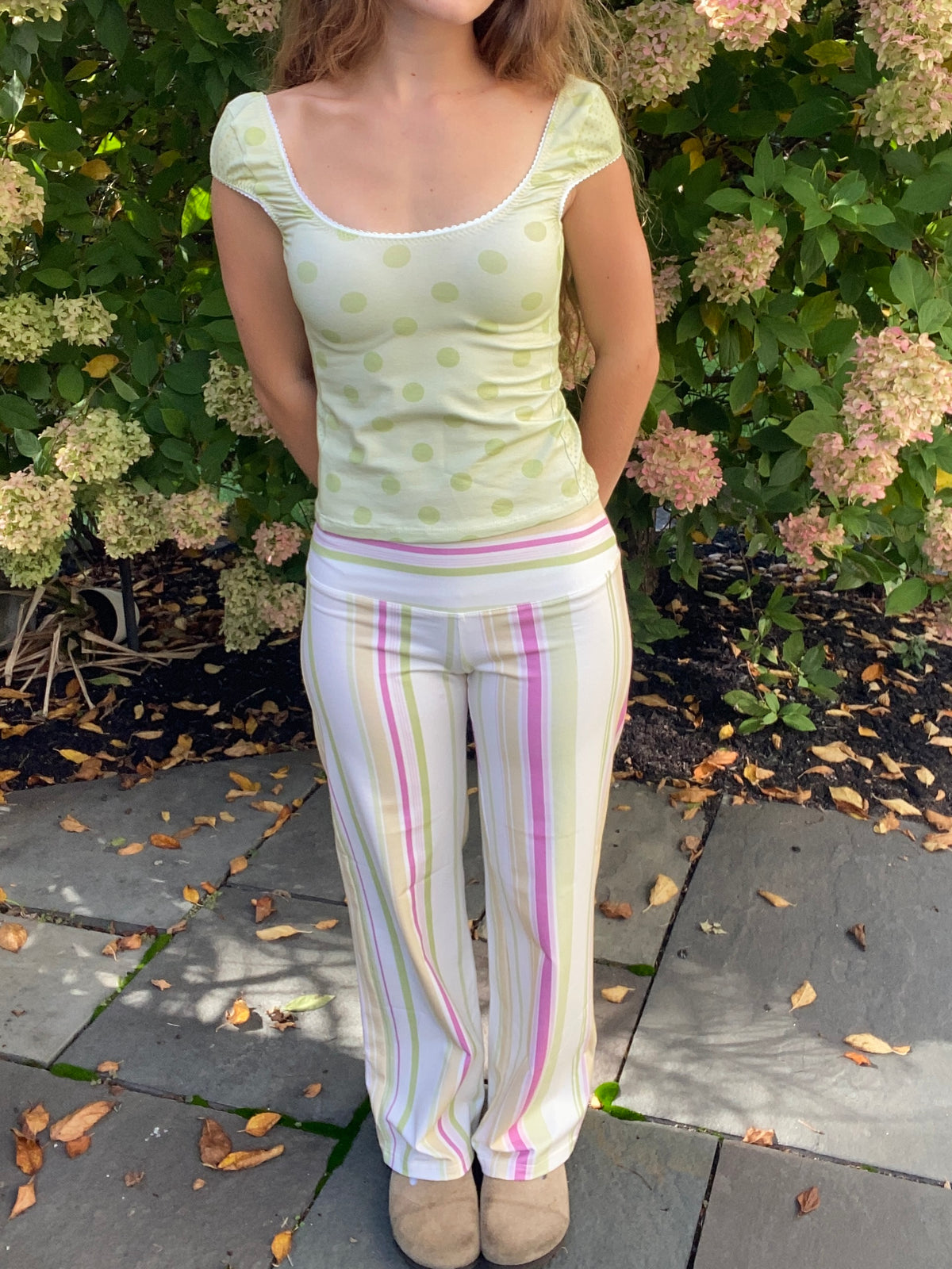 yellow/green/pink striped pants