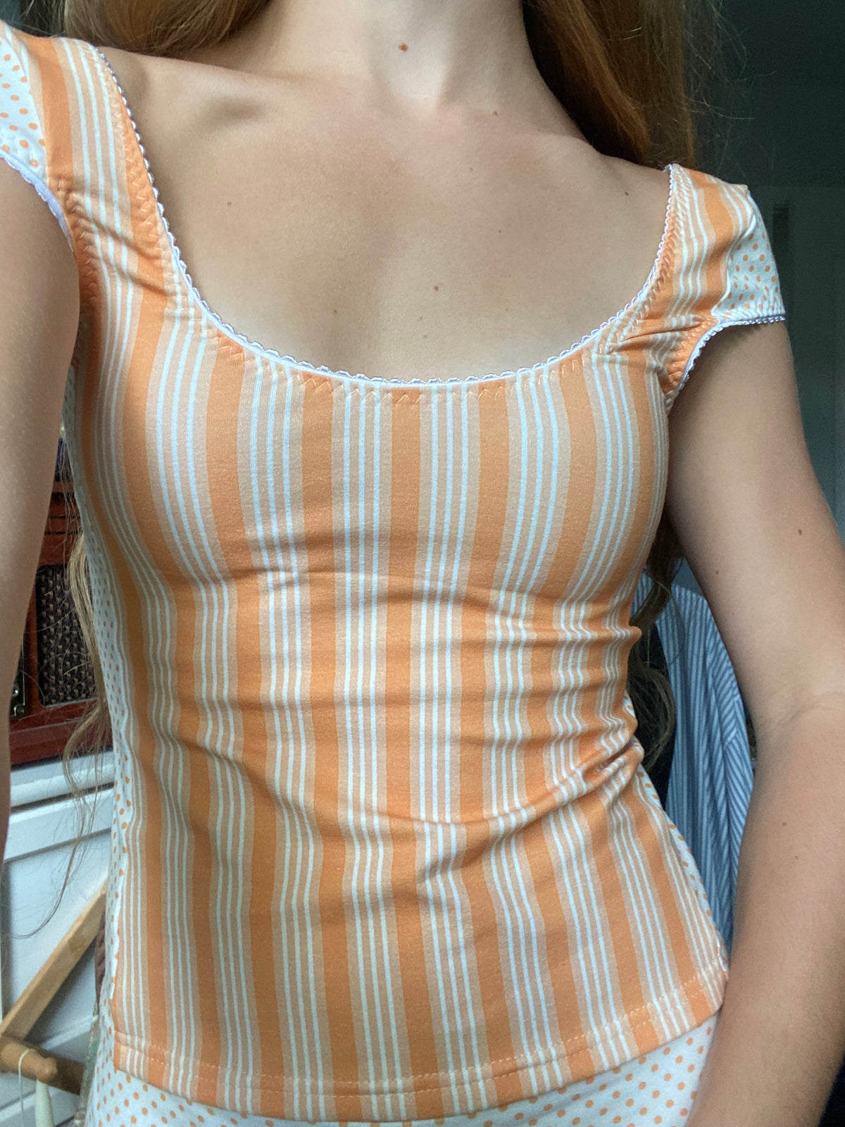 orange striped/polka dot top
