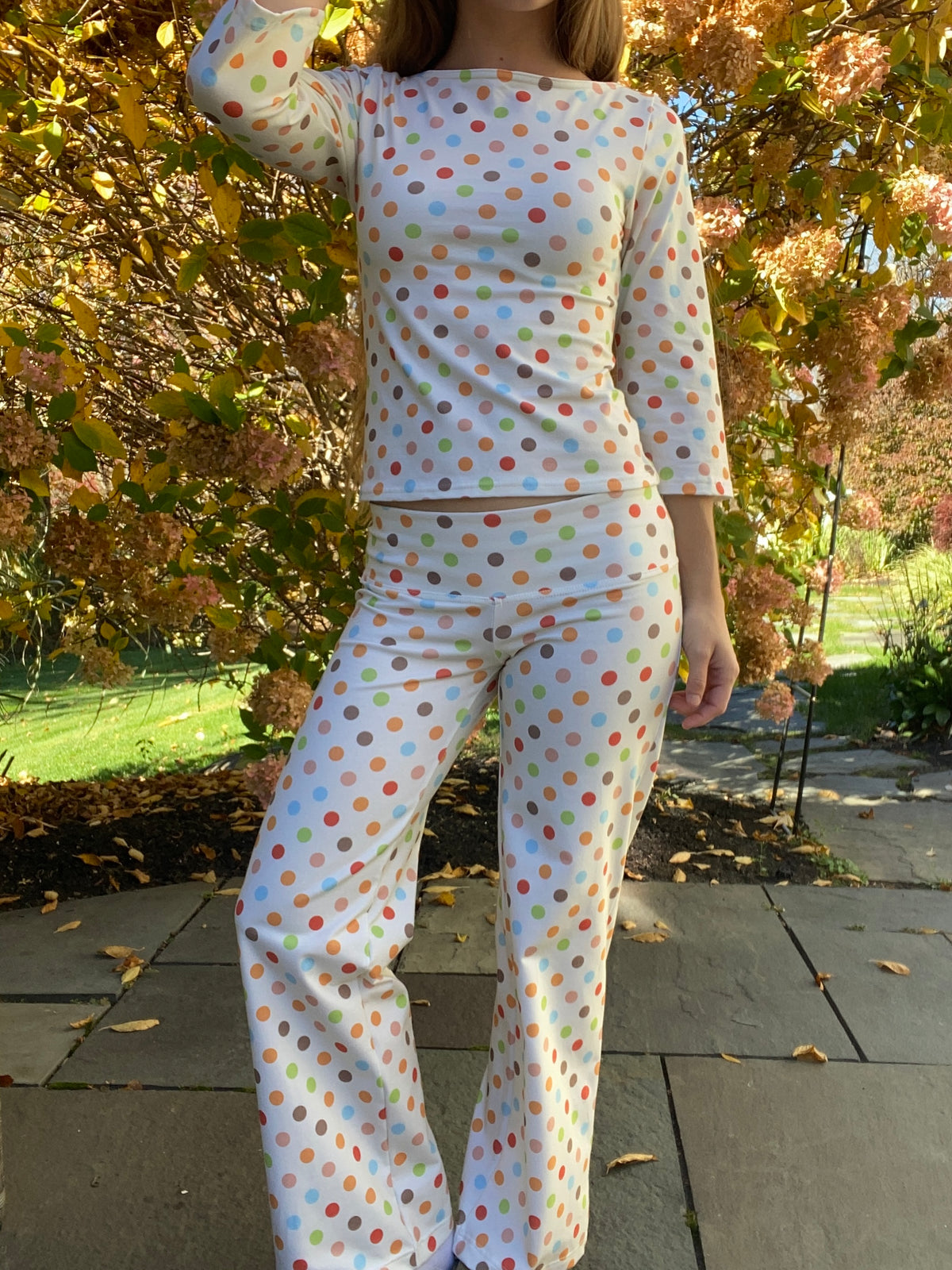 multicolored large polka dot long sleeve top