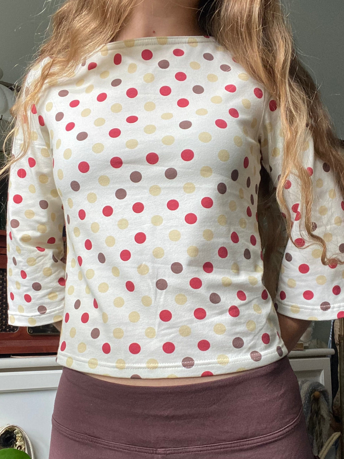 red & brown polka dot long sleeve top