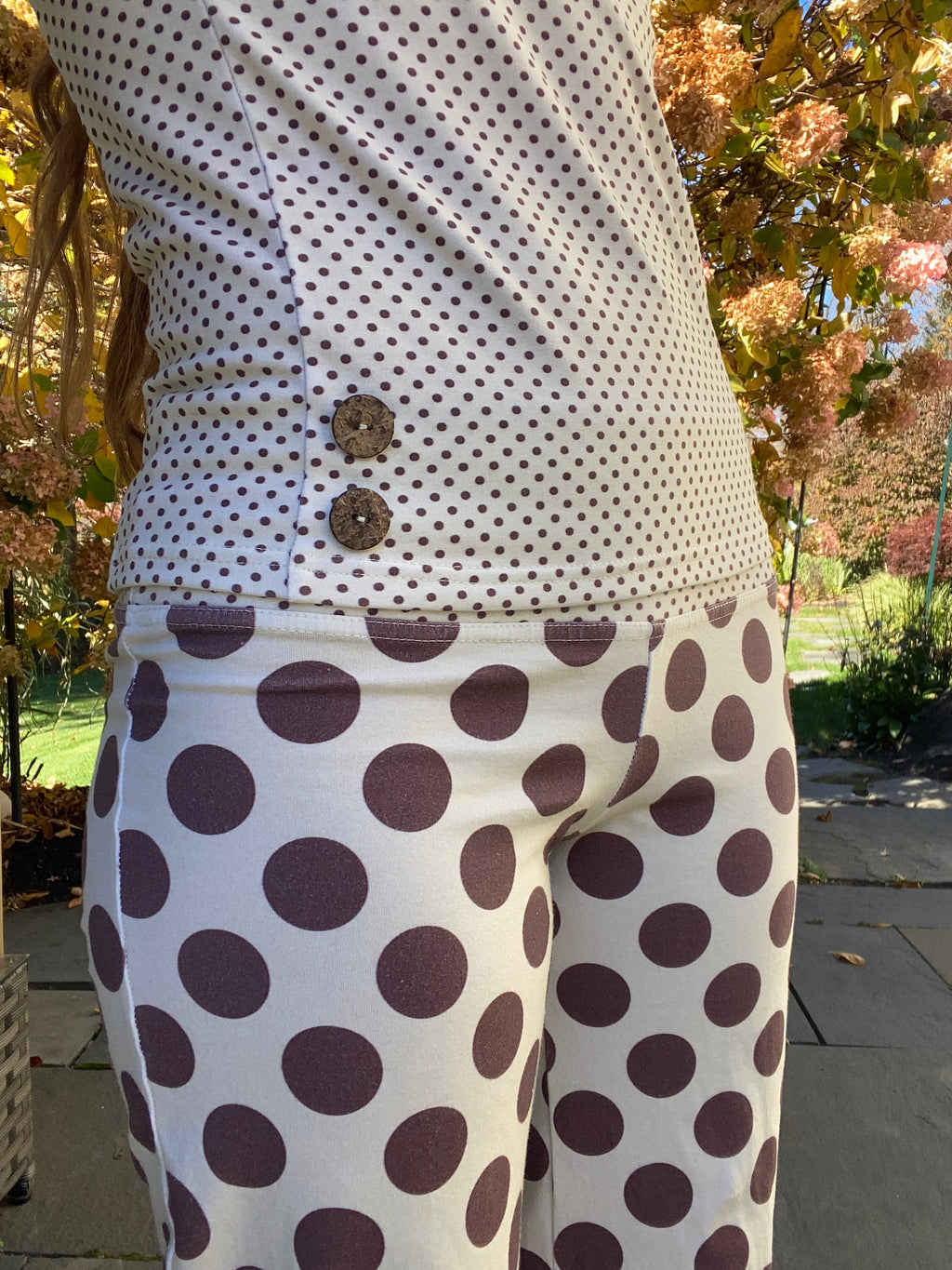 yellow & brown polka dot pants