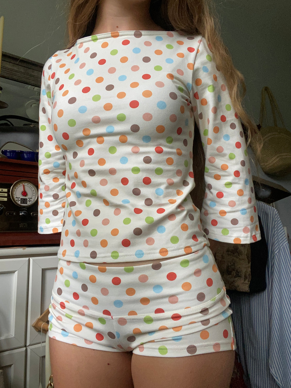 multicolored large polka dot long sleeve top