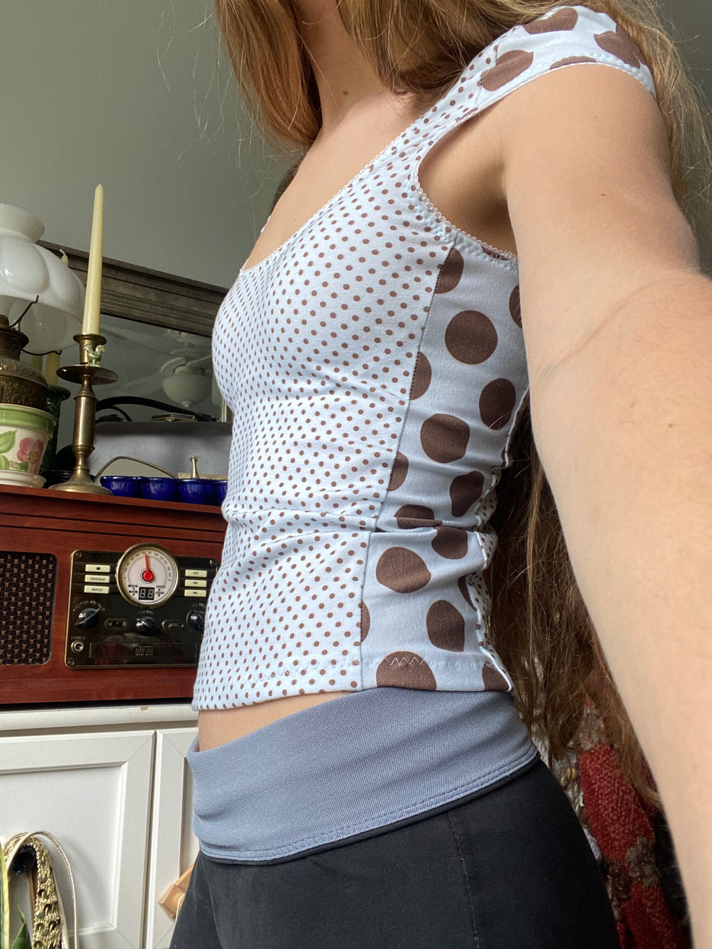 tiny blue & brown polka dot top