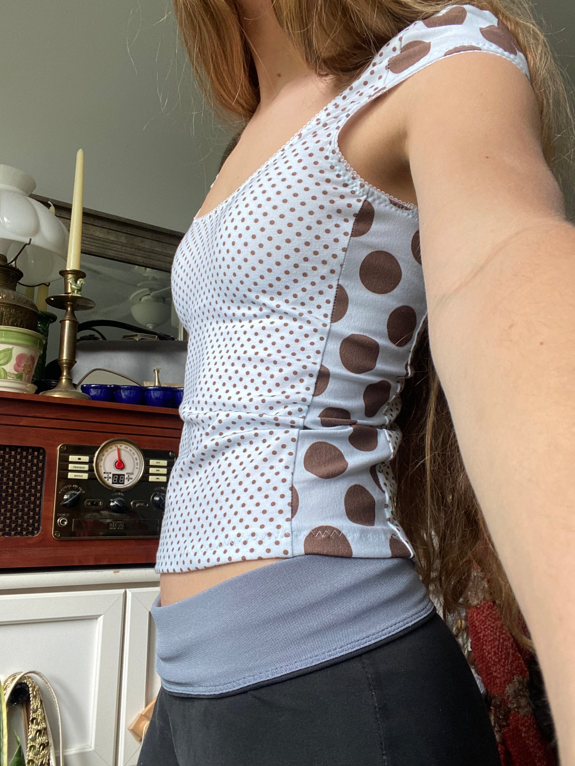tiny blue & brown polka dot top