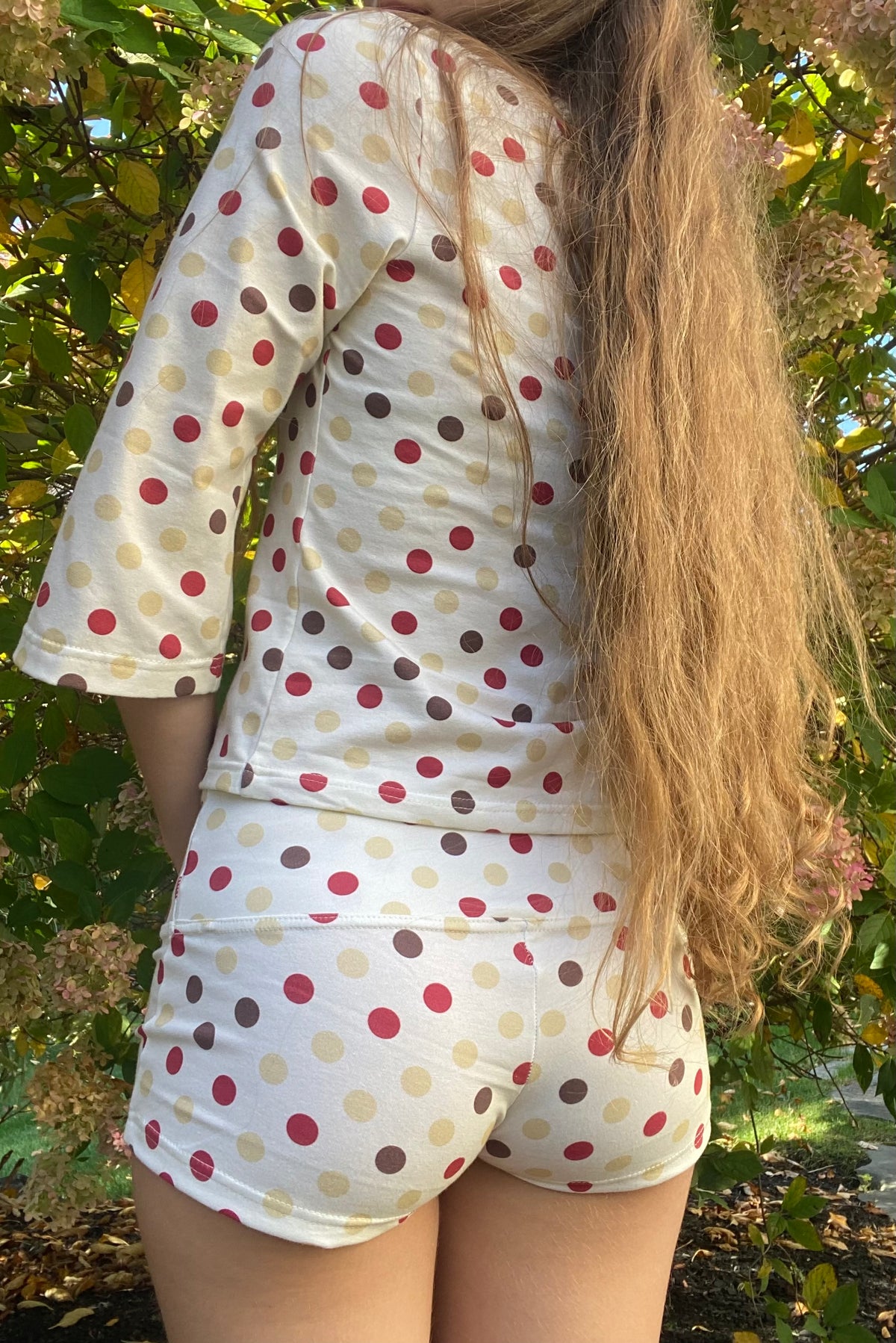 red & brown polka dot shorts