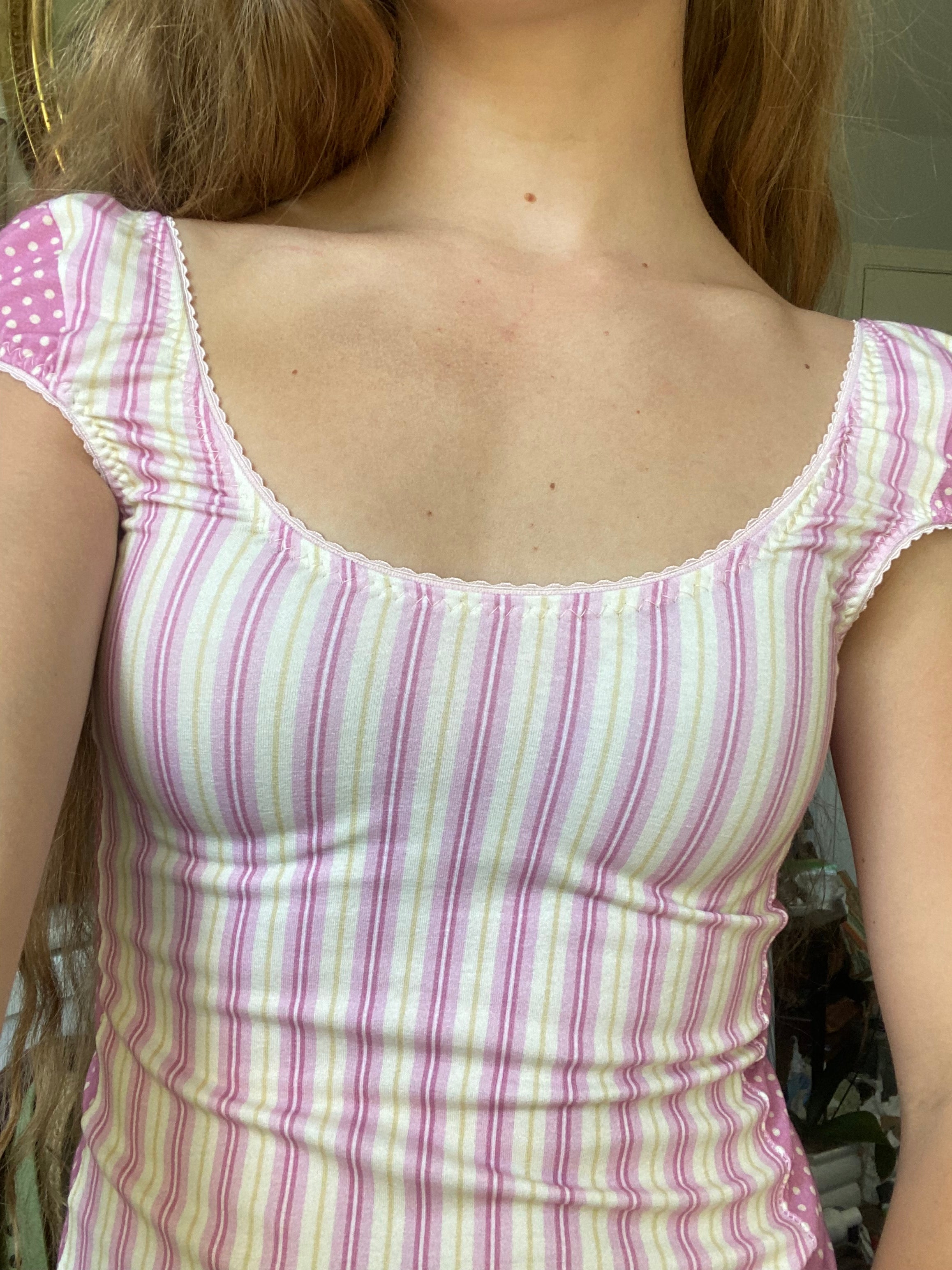 yellow & dark pink stripe/polka dot top