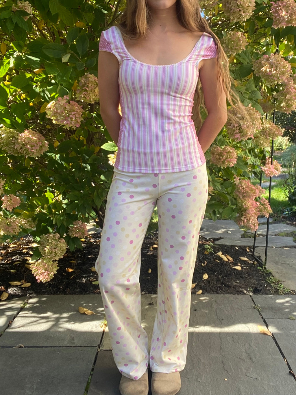 large polka dot pants in yellow