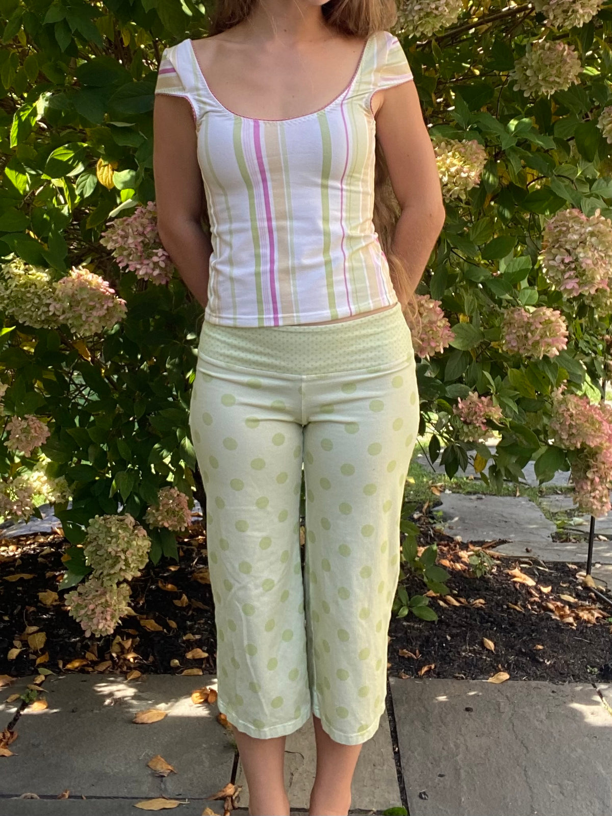 green polka dot pants