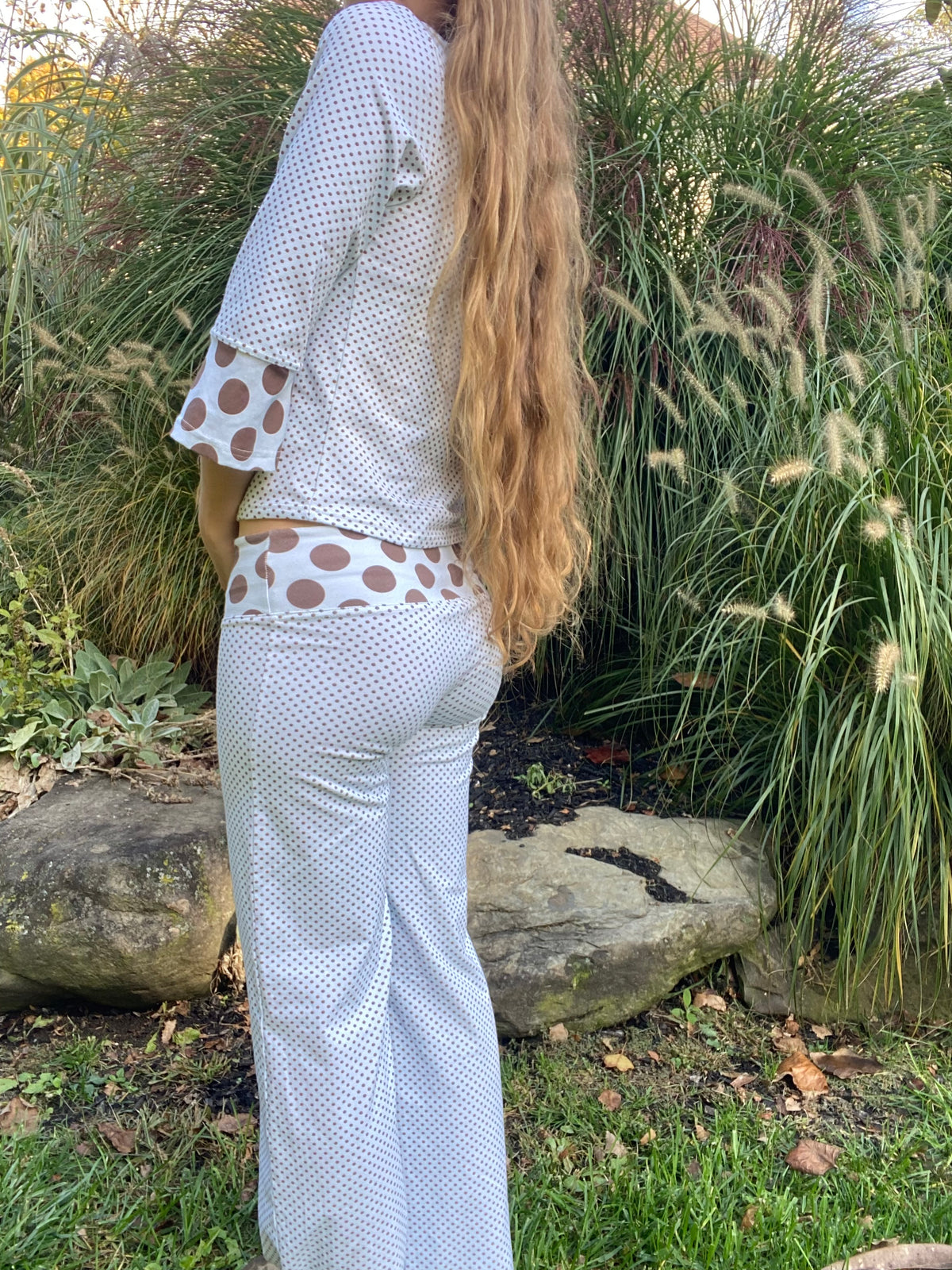 blue & brown polka dot pants