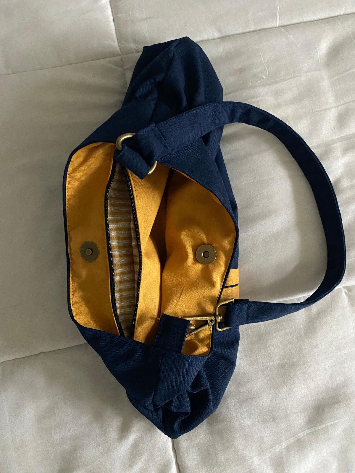 navy & yellow striped purse