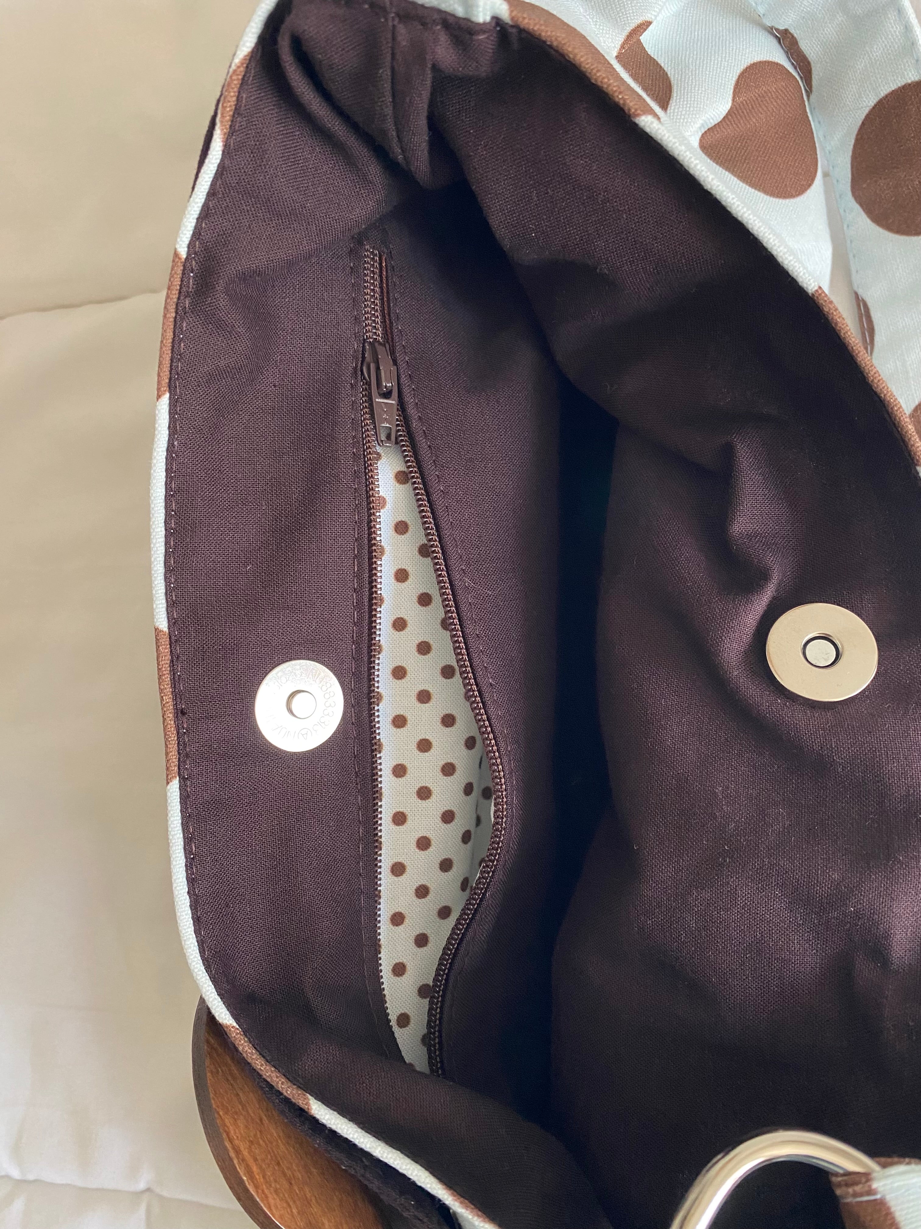 brown & blue large polka dot purse with button