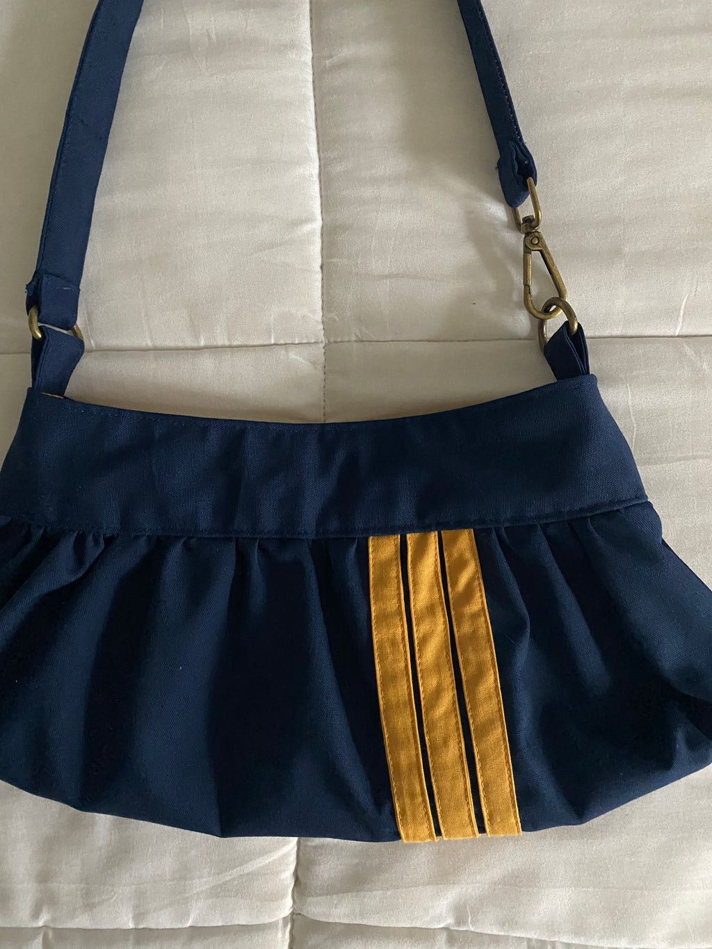 navy & yellow striped purse