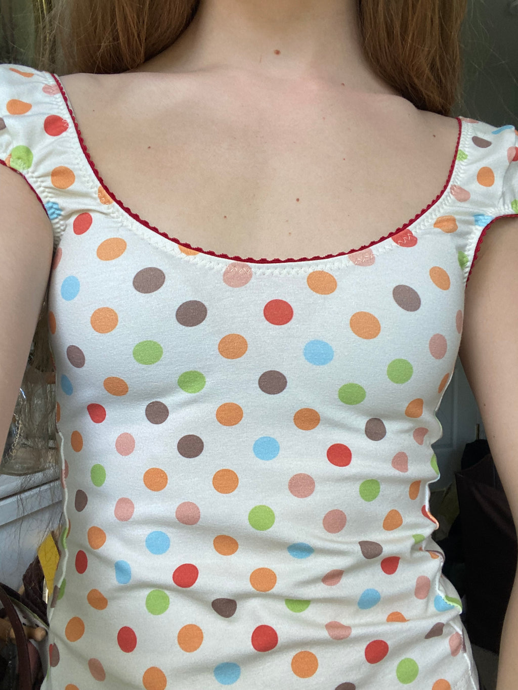multicolored large polka dot top
