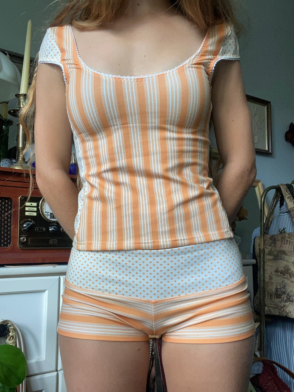 orange striped/polka dot top