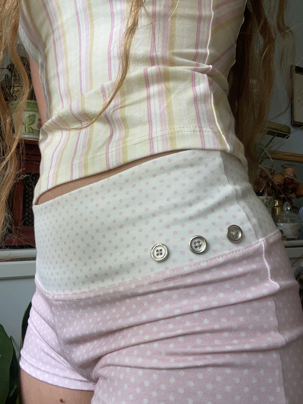 pink & cream silver button shorts