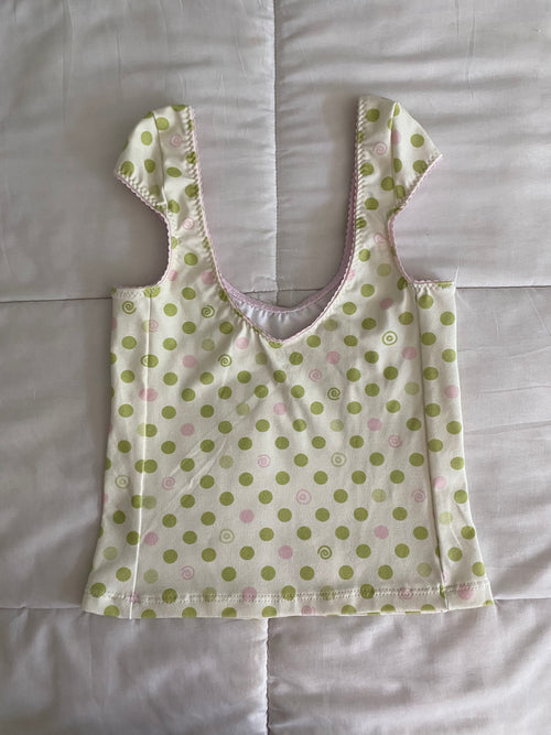 green & pink dotted/swirl top