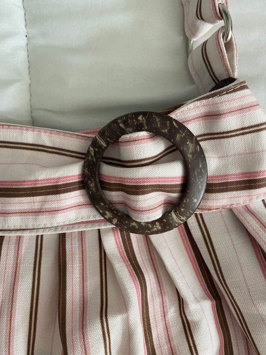 brown & pink striped purse with buckle
