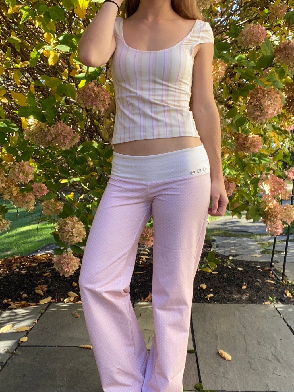 pink & cream silver button pants