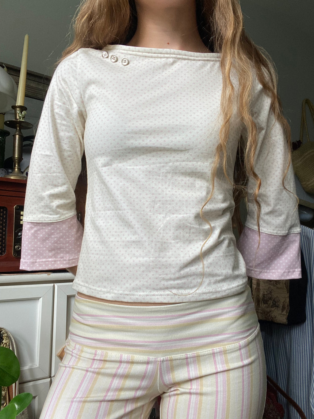 pink & cream silver button long sleeve top