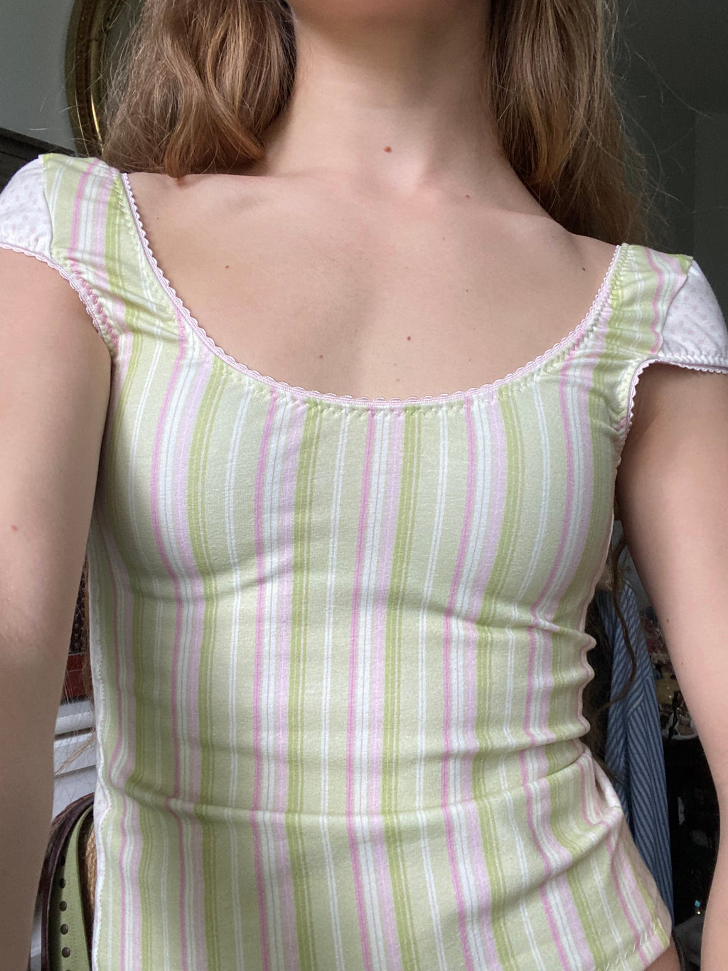 green & pink striped/polka dot top