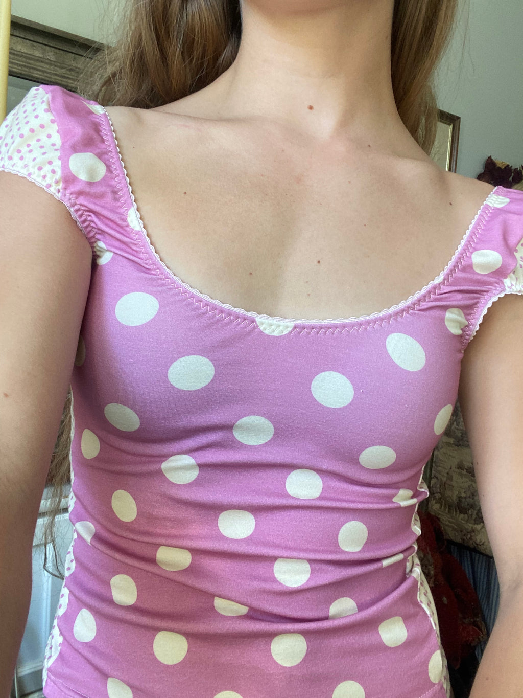 yellow & dark pink polka dot top