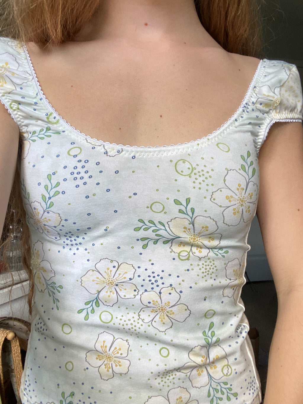 blue & yellow floral/polka dot top