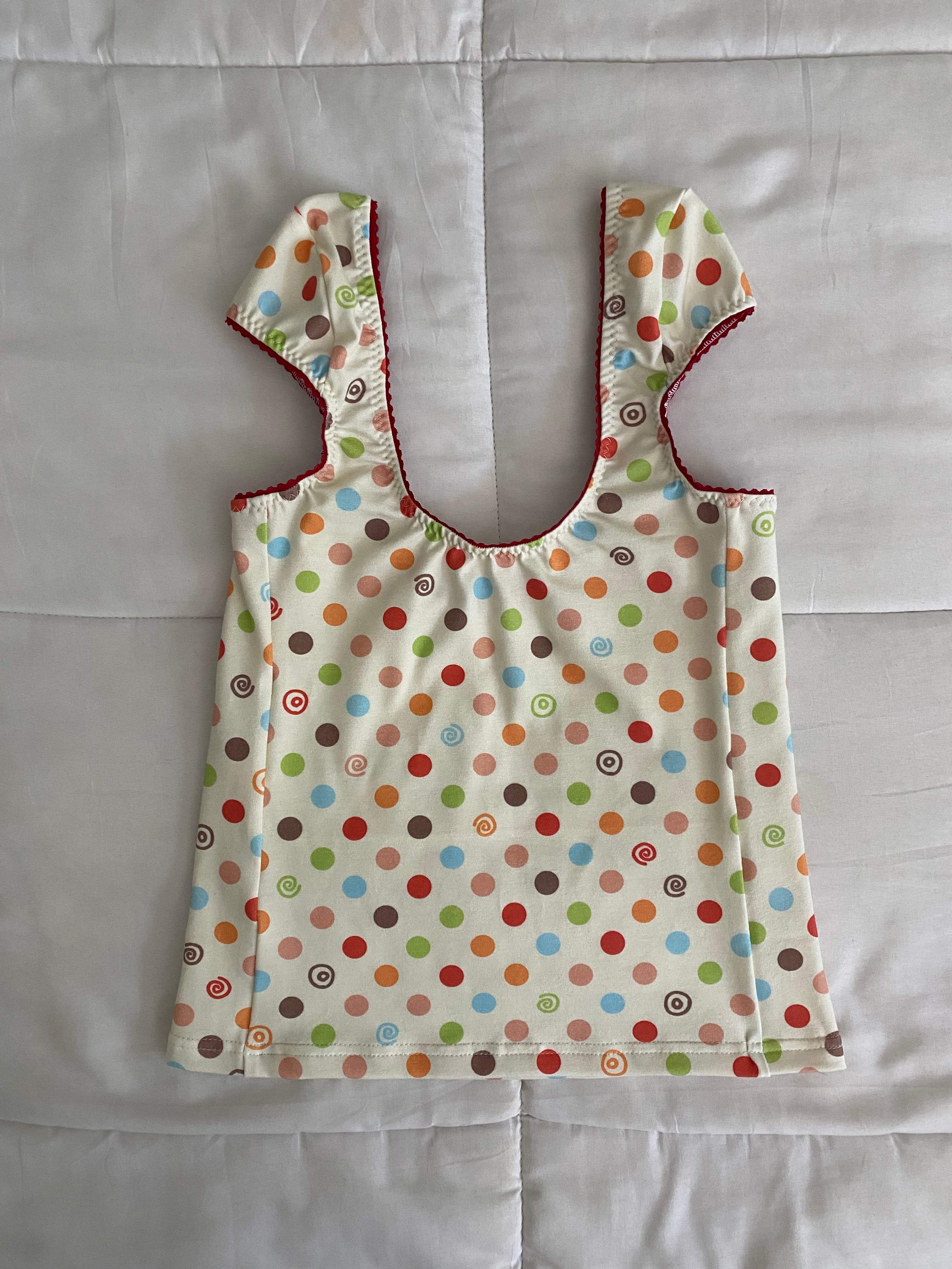 multicolored large polka dot & swirl top