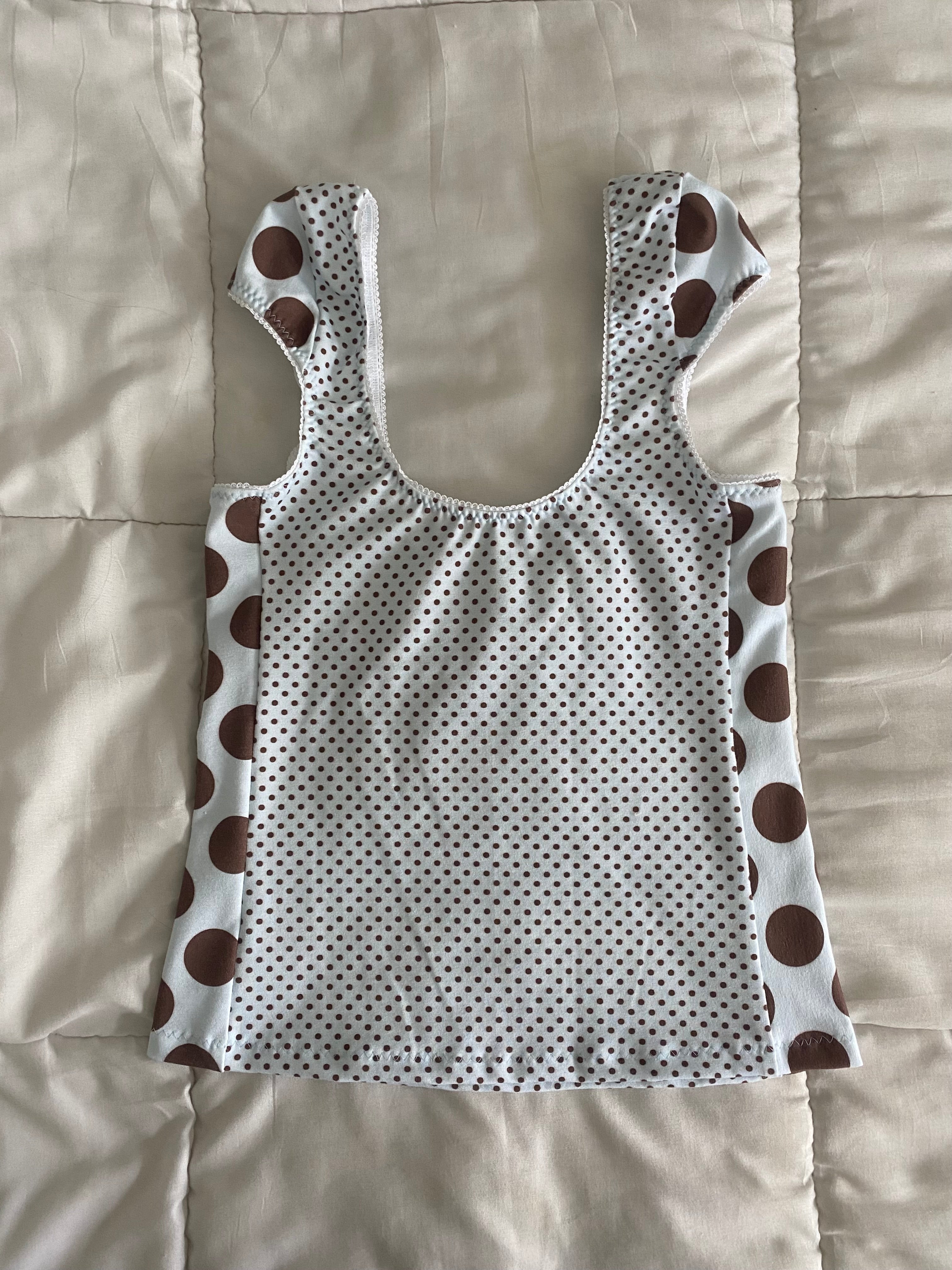 tiny blue & brown polka dot top
